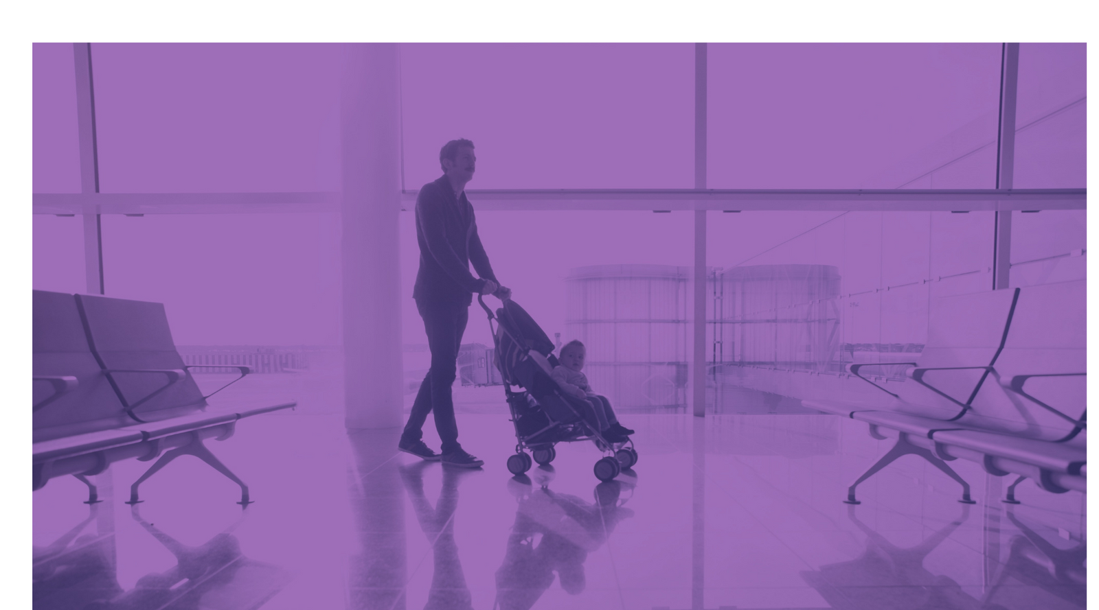 Purple filter over an image of a parent pushing a toddler in a stroller in the airport.