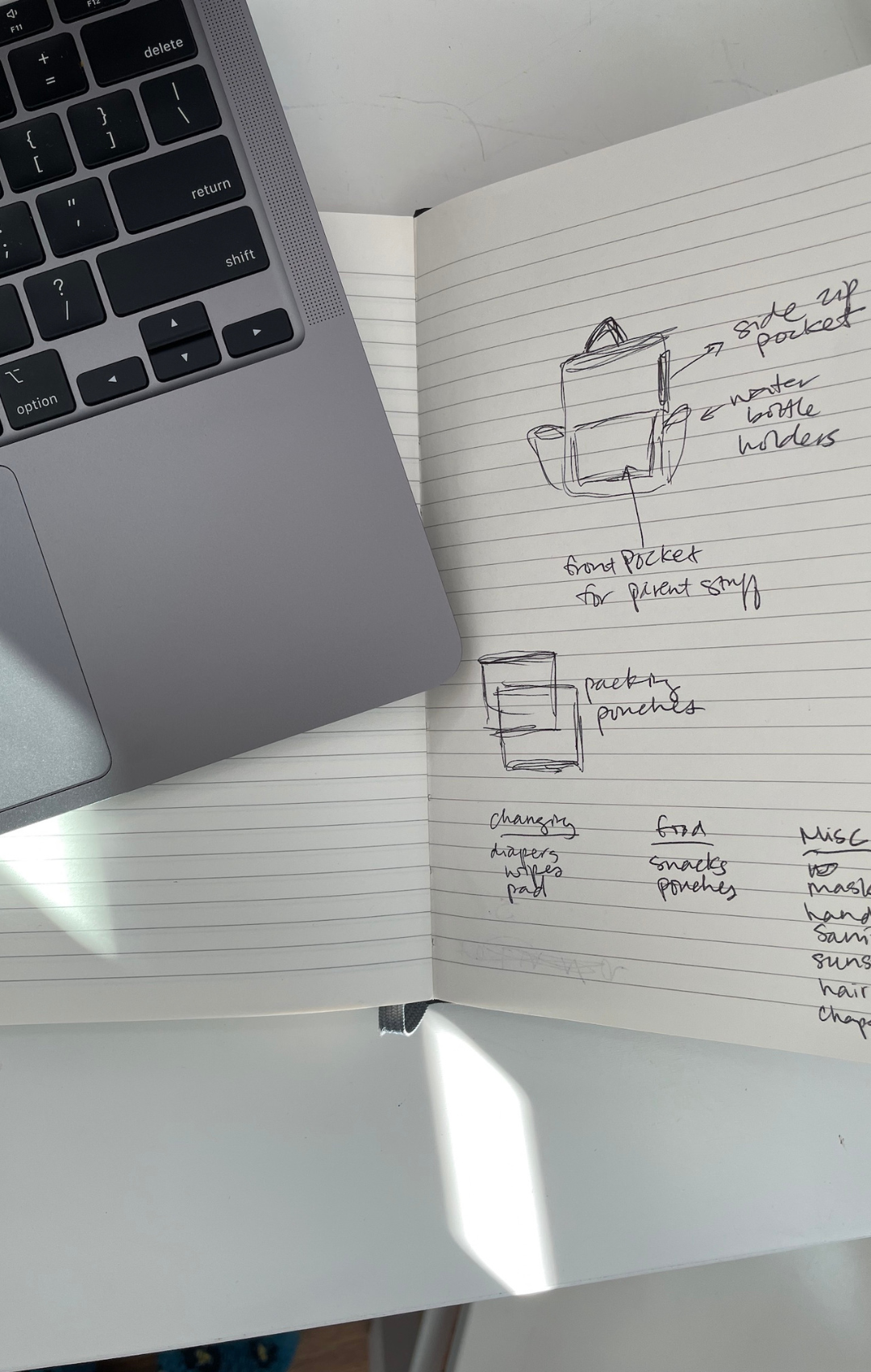 Photo from above showing corner of laptop and open notebook with sketches of backpack prototype.