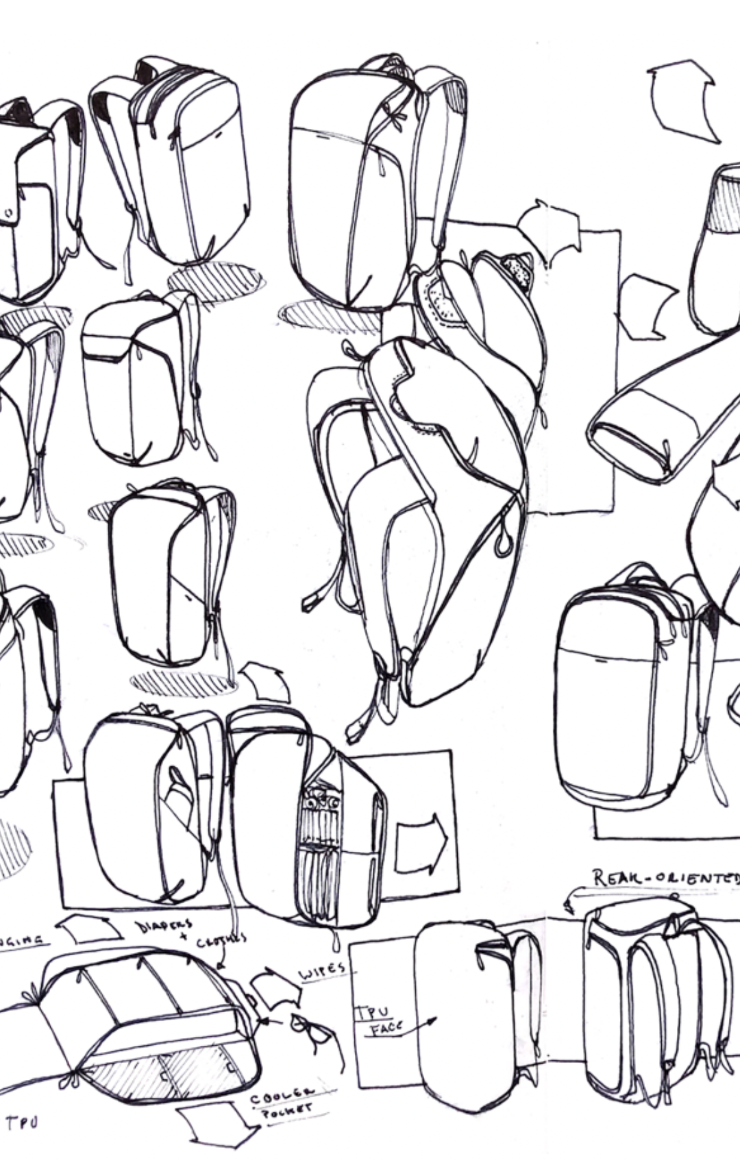 Black sketches of backpack prototype on white paper.