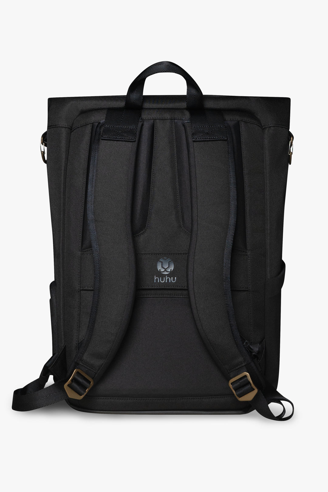 Back view of black backpack against white background, showing padded back and shoulder straps.