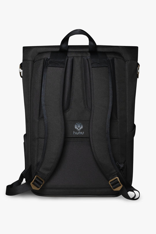 Back view of black backpack against white background, showing padded back and shoulder straps.