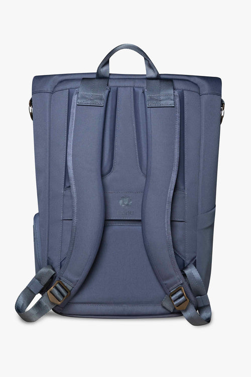Back view of blue backpack against white background, showing padded back and shoulder straps.
