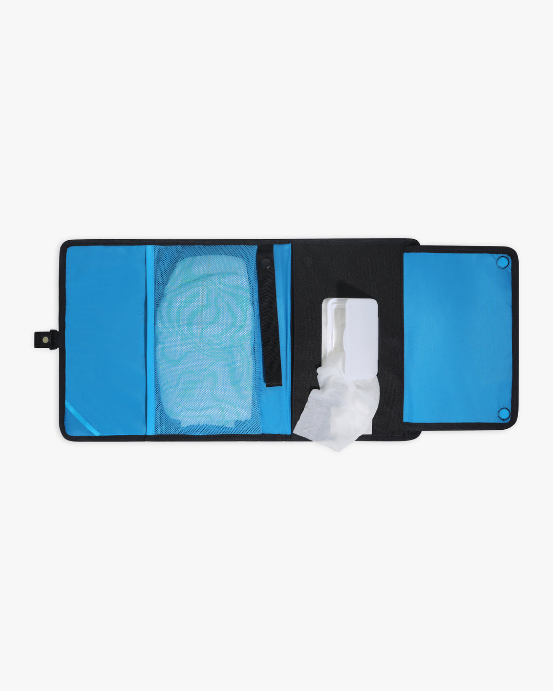 Black changing wallet laying open against white background. Blue interior with diaper and wipes.