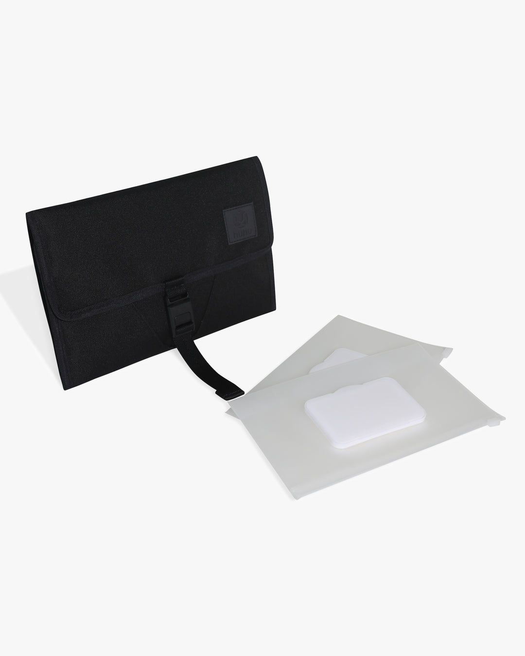 Black changing wallet with two wipes dispensers against a white background.