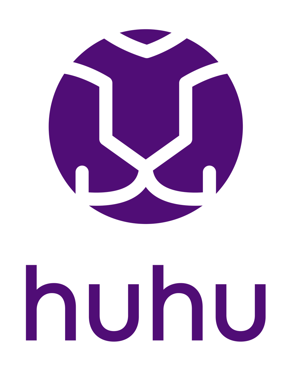 Vertical purple graphic with line drawing of tiger face on a white background. ‘Huhu’ is written in purple text with white background underneath the logo image.
