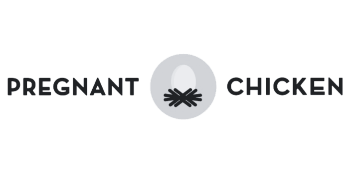 Black and white Pregnant Chicken logo against transparent background.