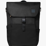 Front view of black backpack against a white background.