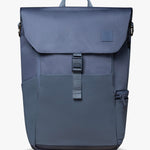 Front view of blue backpack against a white background.