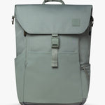 Front view of green backpack against a white background.