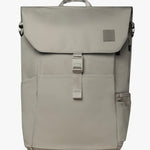 Front view of taupe backpack against a white background.