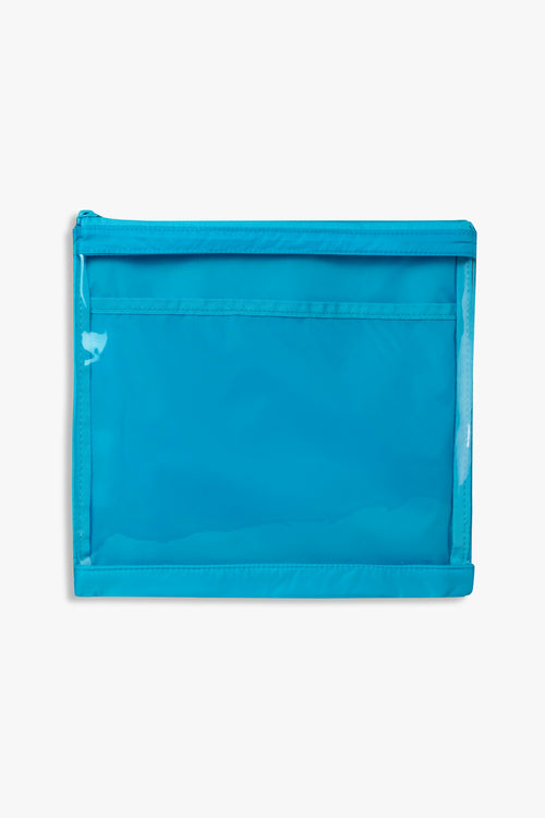 Front view of blue changing wallet with clear front.