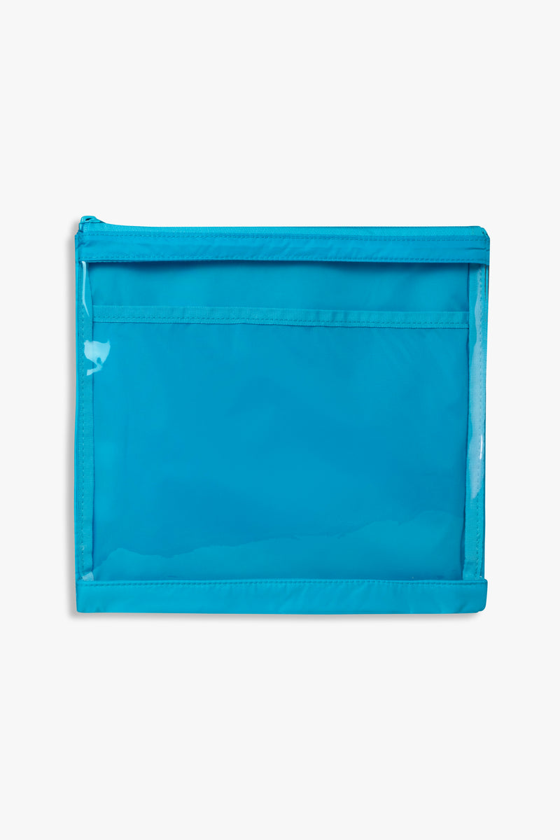 Front view of blue changing wallet with clear front.