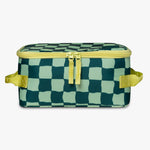 Front view of green checkered insulated cooler bag with yellow zipper against a white background.