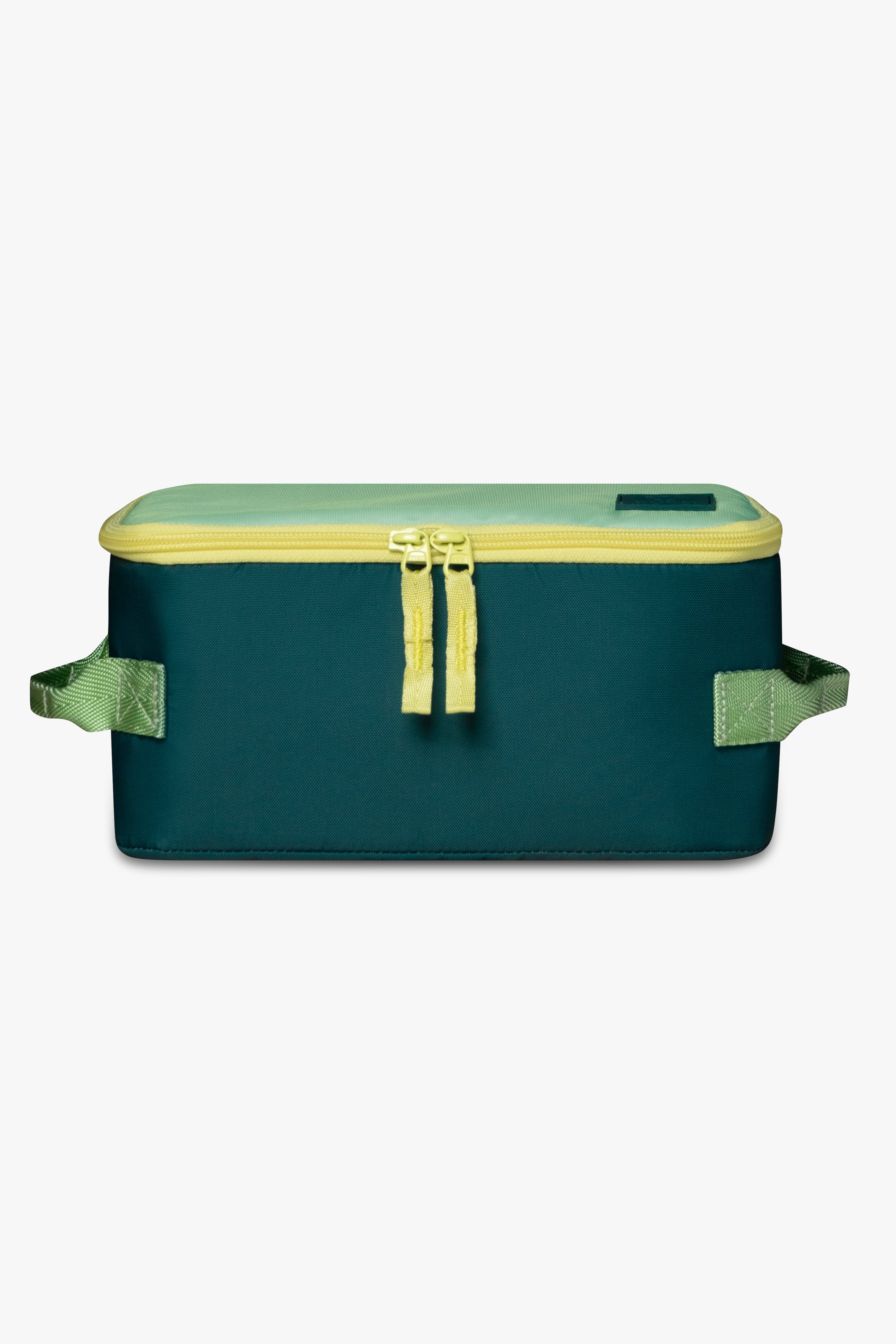 Front view of green insulated cooler bag with yellow zipper against a white background.