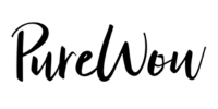 bBack logo of PureWow publication against a beige background.