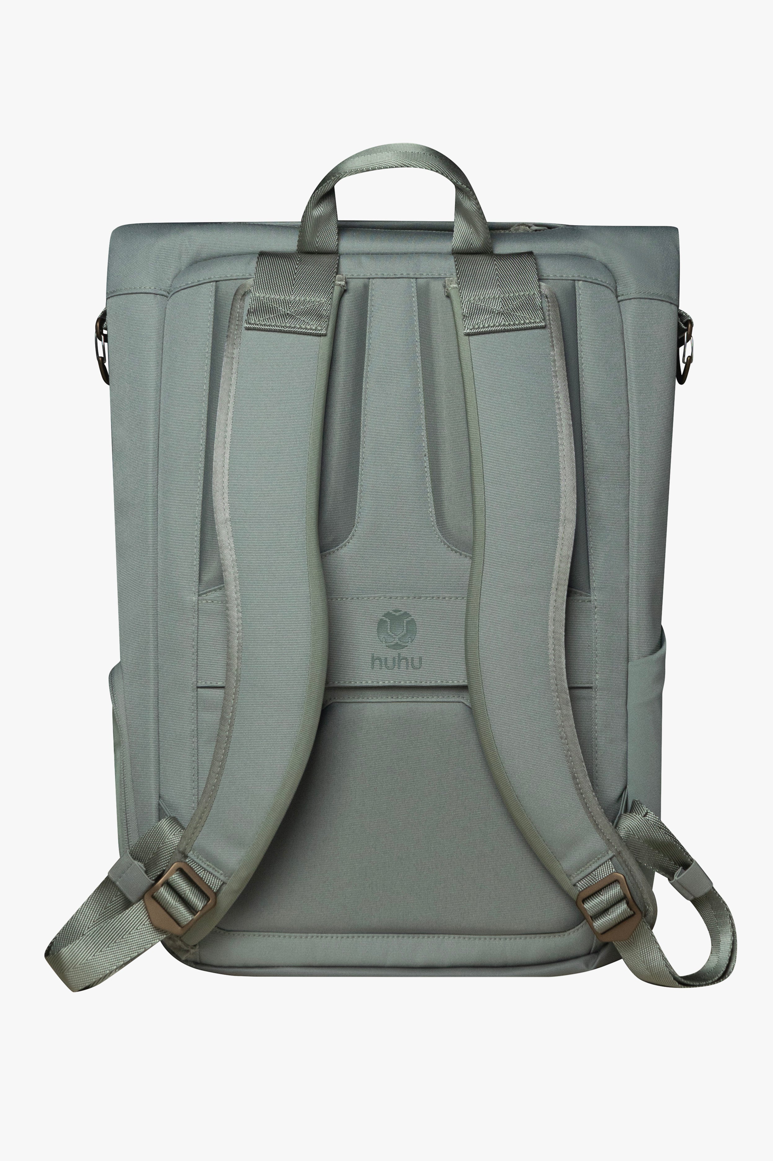 Back view of green backpack against white background, showing padded back and shoulder straps.