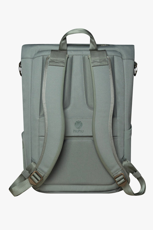 Back view of green backpack against white background, showing padded back and shoulder straps.