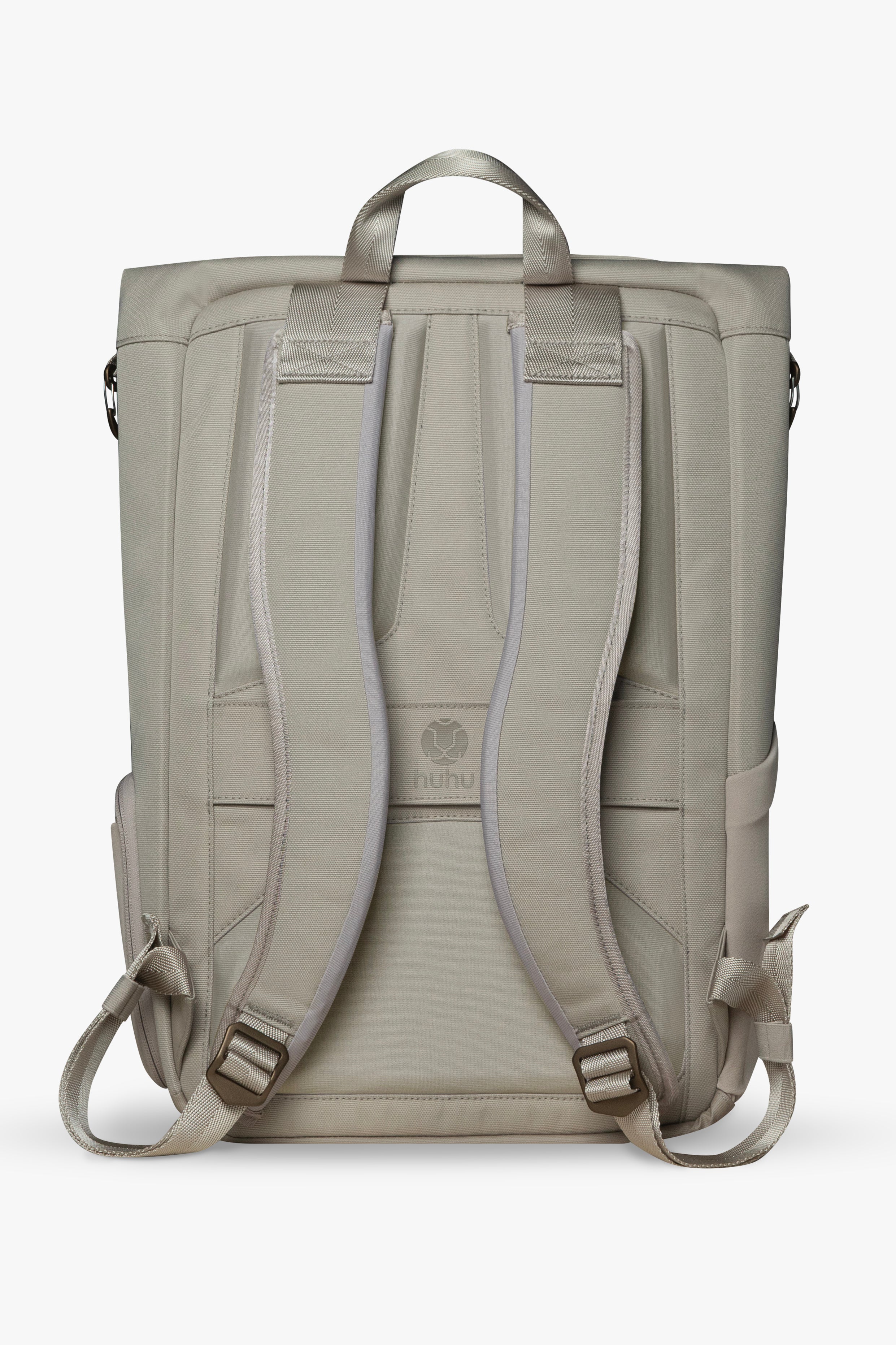 Back view of taupe backpack against white background, showing padded back and shoulder straps.