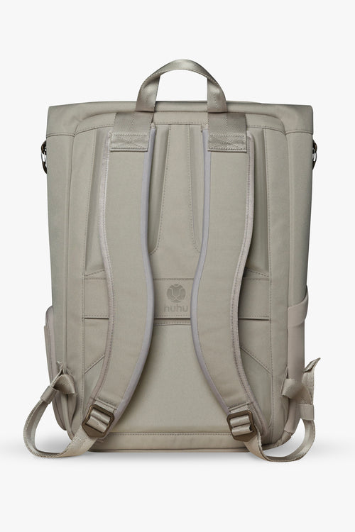 Back view of taupe backpack against white background, showing padded back and shoulder straps.