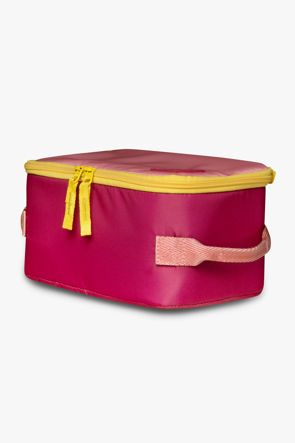 Side angle view of pink insulated cooler bag with yellow zipper against a white background.