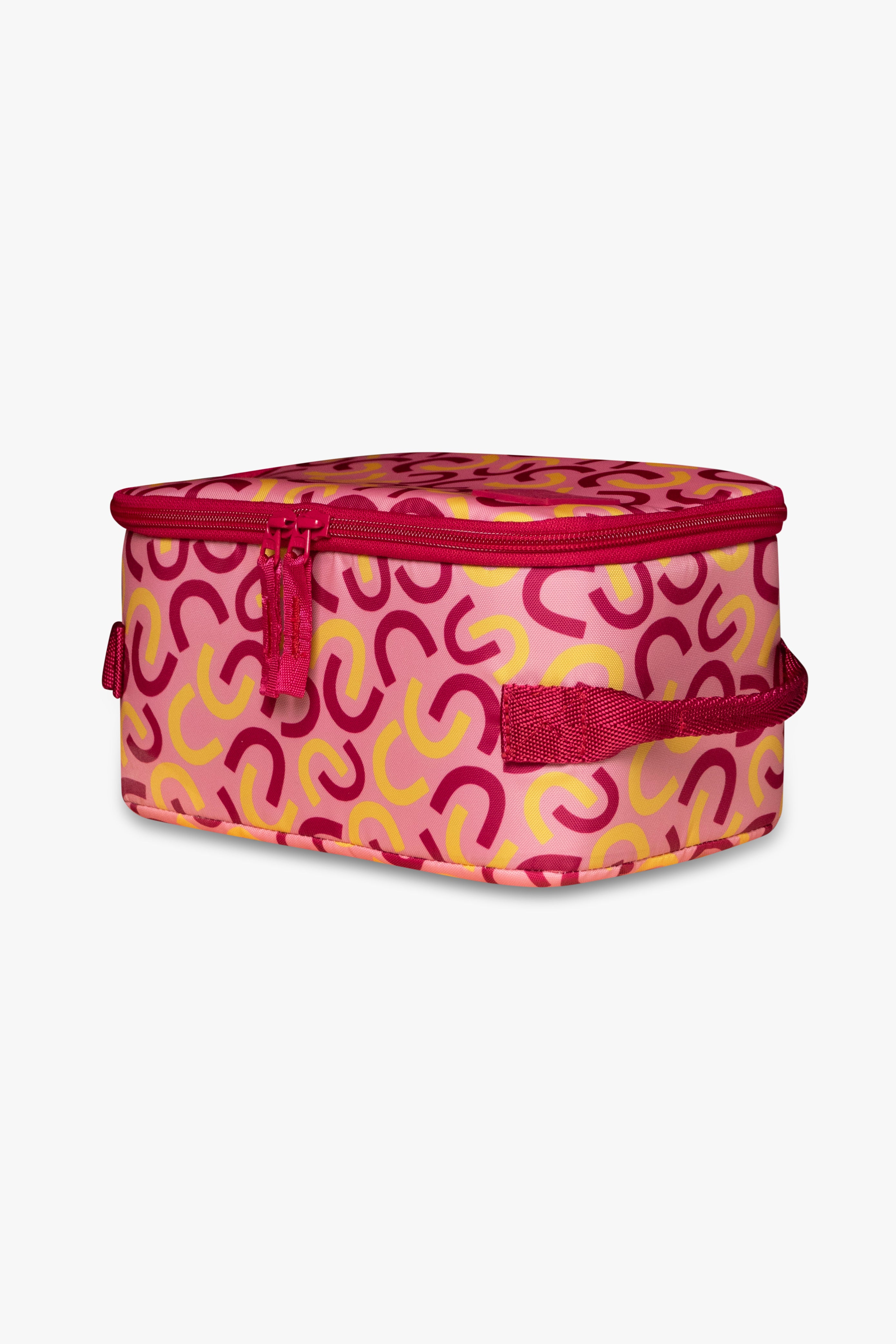Side angle view of pink and yellow macaroni patterned insulated cooler bag with pink zipper against a white background.