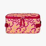 Front view of pink and yellow macaroni patterned insulated cooler bag with pink zipper against a white background.