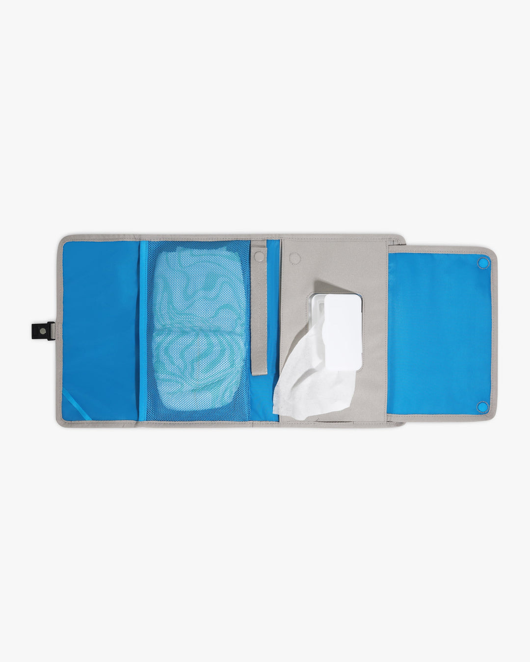 Taupe changing wallet laying open against white background. Blue interior with diaper and wipes.