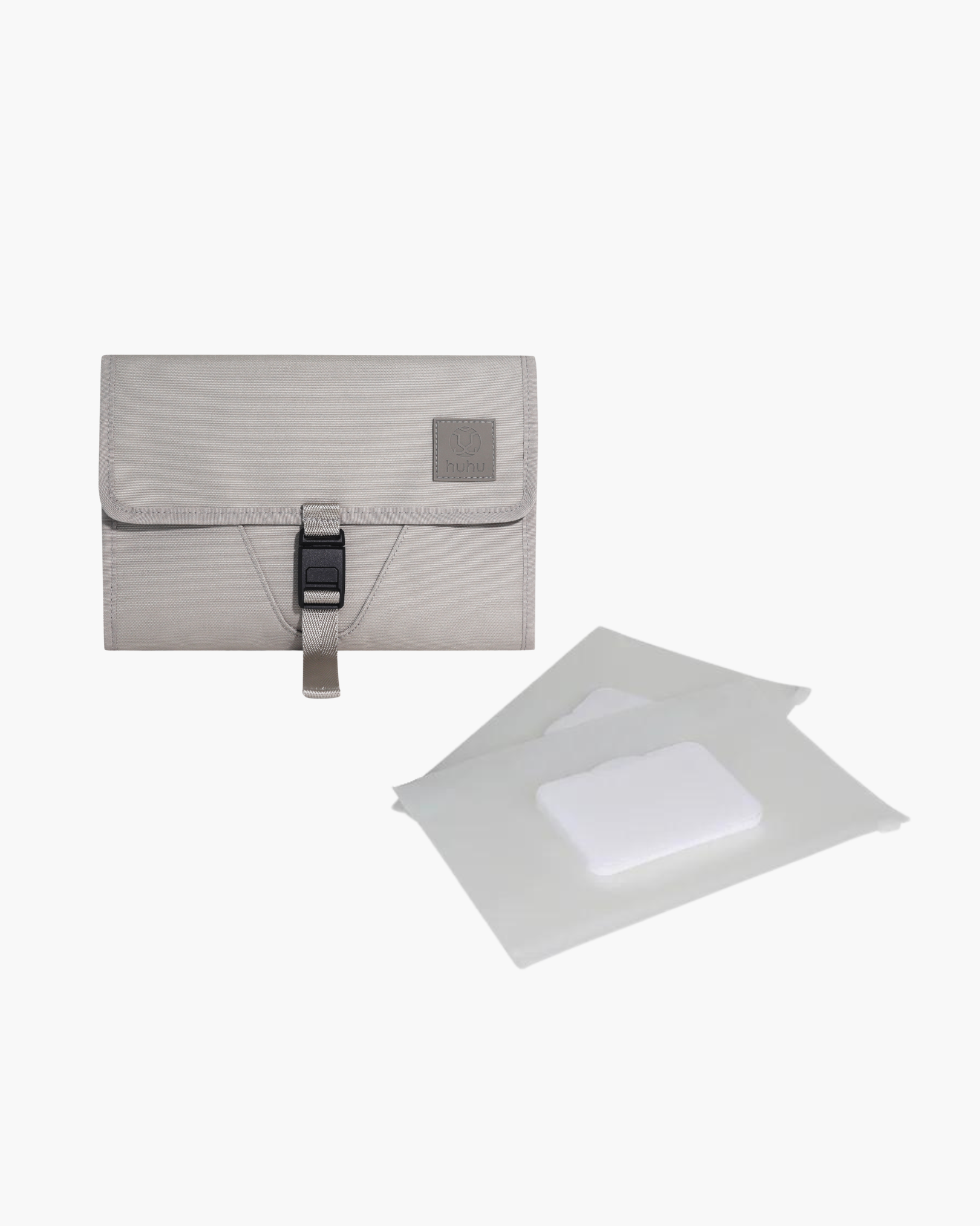 Taupe changing wallet with two wipes dispensers against a white background. 