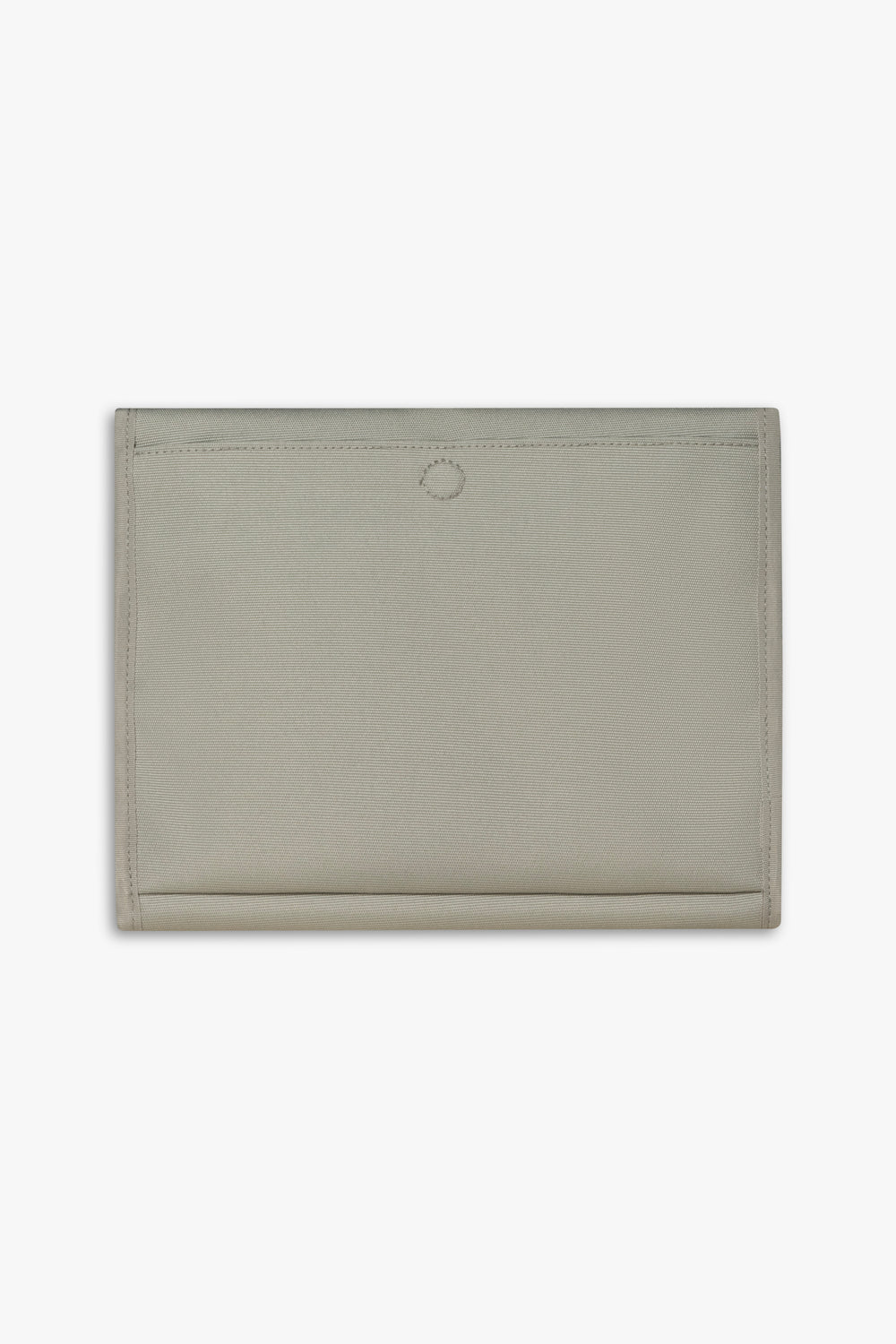 Back view of closed taupe changing wallet against a white background showing back, magnetic changing pad pocket.