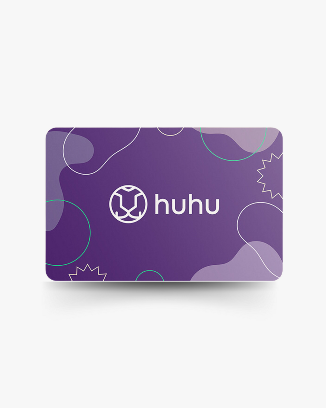 Purple gift card with white and teal designs against a white background. White Huhu logo in center of gift card.